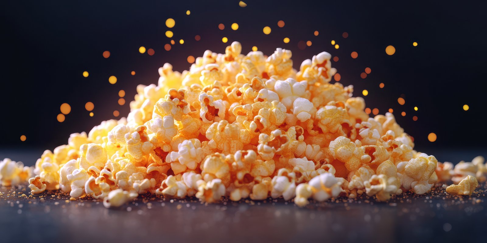 Freshly popped popcorn sits in a fluffy mound, ready for movie night enjoyment and snacking at home